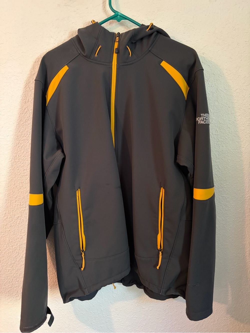 The North Face Men's Gray Hooded Softshell Jacket with Yellow Accents
